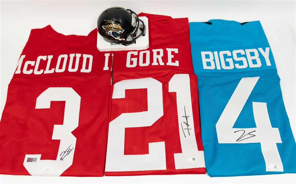 Lot of (4) Signed Football Memorabilia Items w. Tank Bigsby, Frank Gore, & Ray-Ray McCloud III (all JSA Authenticated)