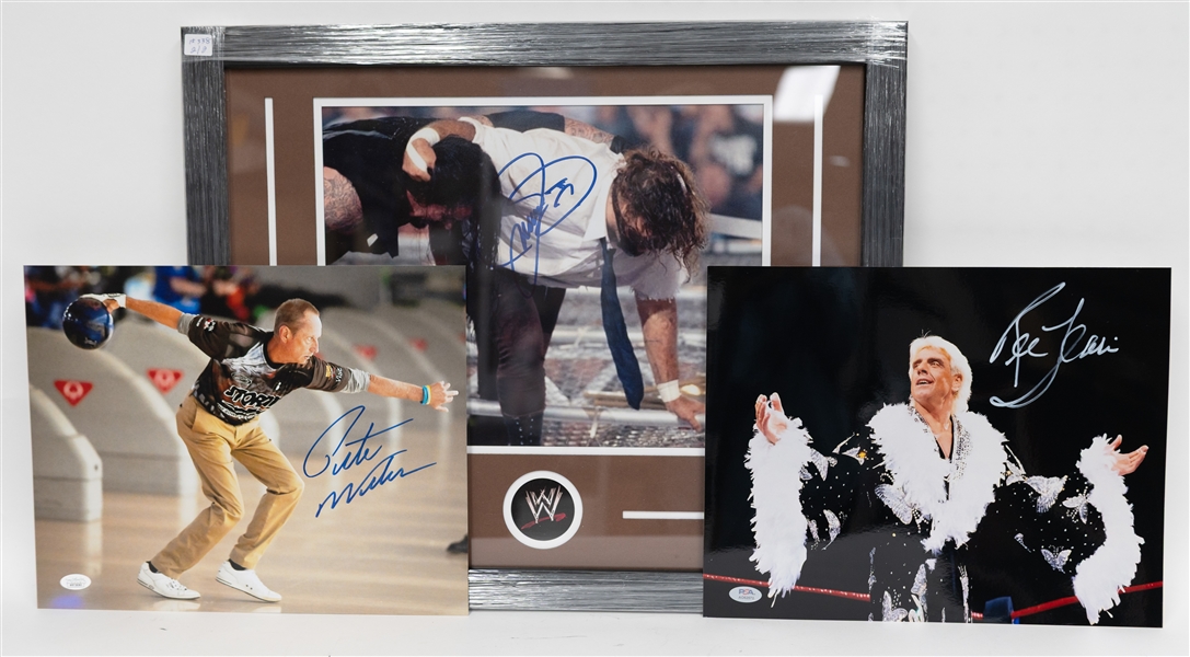 Lot of (2) Hall of Famer Signed 11"x14" Photos w. Mick Foley & Pete Weber (JSA COA for both)