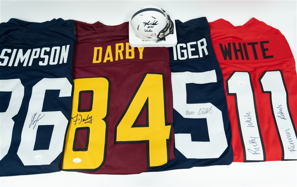 Lot of (5) College Football Signed Memorabilia w. Rudy Reuttiger, Ricky White, Frank Darby, Tylor Elsden, & Jaylin Simpson  (all JSA) 