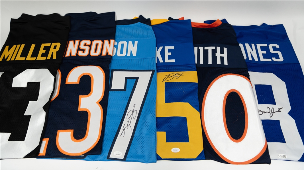 Lot of (6) Signed Custom Football Jerseys w. Daniel Jones, Rod Smith, Braden Fiske (All w. COAs)
