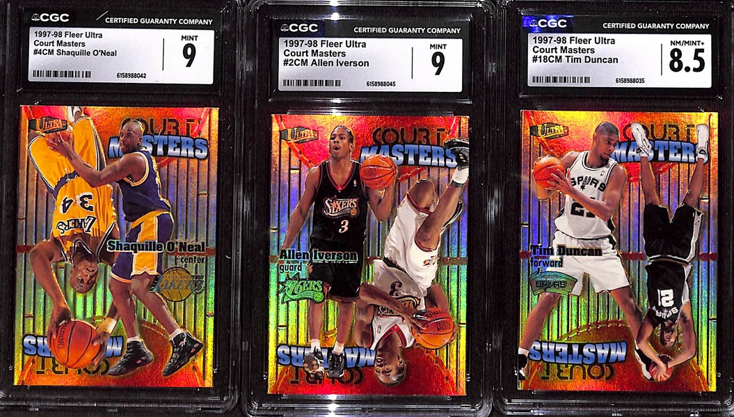 (3) CGC Graded 1997-98 Fleer Ultra Court Masters Basketball Cards w. Hall of Famers Shaquille ONeal, Allen Iverson & Tim Duncan