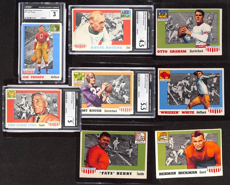 1955 Topps All-American Football Partial Set (85 of 100 Cards) w. Jim Thorpe (CGC 3), Knute Rockne (CGC 4.5), Graham, Baugh (CGC  5.5), Whizzer White, Stagg (CGC 5), +