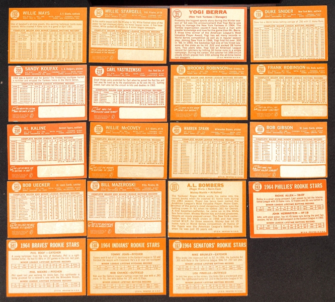 Lot of (455) Different 1964 Topps Baseball Cards of 587 Cards w. Willie Mays & Willie Stargell