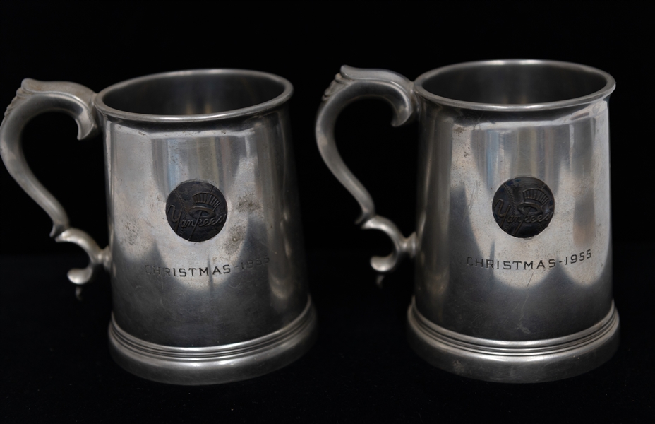 Set of (2) 1955 Baseball NY Yankees Pewter Christmas Souvenir Steins with Clear Bottoms - Comes from the Estate of Former MLB Player Bill Harris