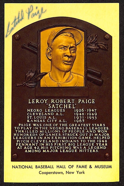 Satchel Paige Signed Hall of Fame Plaque Card (JSA Auction Letter)