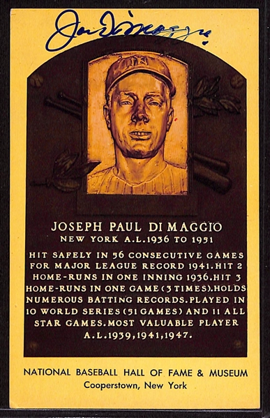 Joe DiMaggio Signed Hall of Fame Plaque Card (JSA Auction Letter)