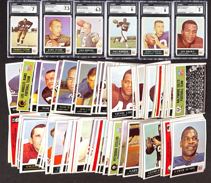 1965 Philadelphia Football Near Complete Set (195 of 198 Cards) w. Jim Brown (CGC 3), Unitas (CGC 6), Warfield Rookie (CGC 6), Hornung (CGC 6.5), Starr (CGC 7.5), Taylor Rookie (CGC 7)