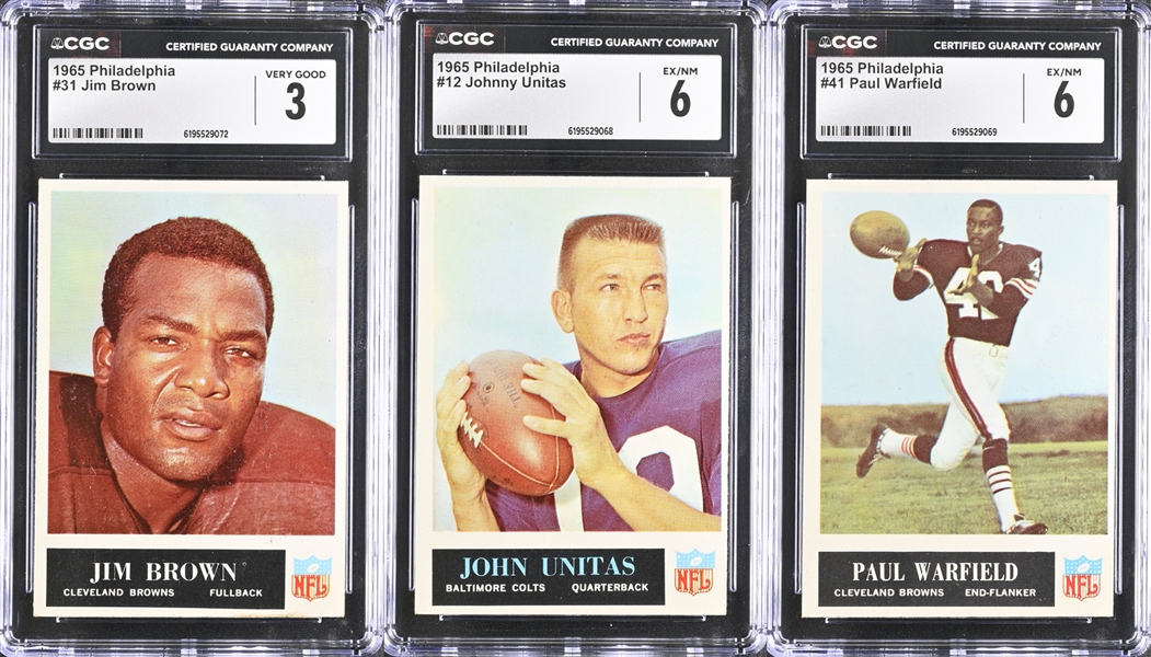 1965 Philadelphia Football Near Complete Set (195 of 198 Cards) w. Jim Brown (CGC 3), Unitas (CGC 6), Warfield Rookie (CGC 6), Hornung (CGC 6.5), Starr (CGC 7.5), Taylor Rookie (CGC 7)