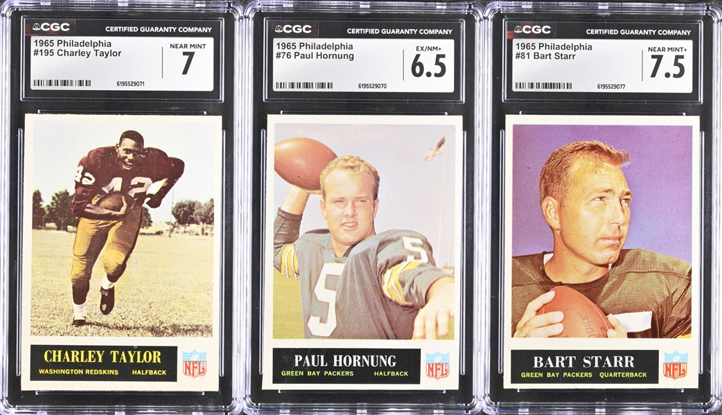1965 Philadelphia Football Near Complete Set (195 of 198 Cards) w. Jim Brown (CGC 3), Unitas (CGC 6), Warfield Rookie (CGC 6), Hornung (CGC 6.5), Starr (CGC 7.5), Taylor Rookie (CGC 7)