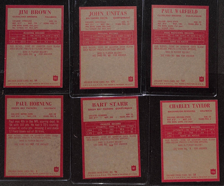 1965 Philadelphia Football Near Complete Set (195 of 198 Cards) w. Jim Brown (CGC 3), Unitas (CGC 6), Warfield Rookie (CGC 6), Hornung (CGC 6.5), Starr (CGC 7.5), Taylor Rookie (CGC 7)