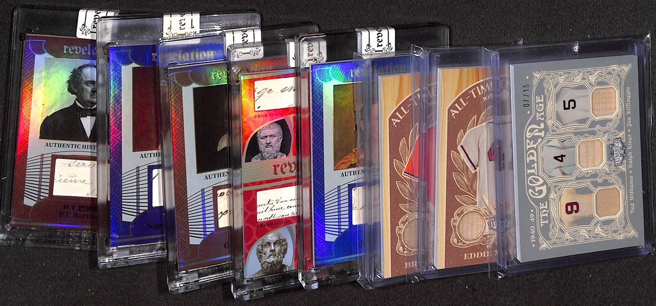 Lot of (8) Old School and Historic Relic Cards w. Joe DiMaggio, Ted Williams, Julius Caesar, Napoleon Bonaparte, Socrates, Plato, +