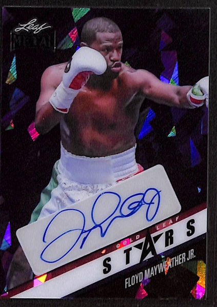 Lot of (3) Superstar Items - Leaf Metal Floyd Mayweather Jr Autograph (#7), Upper Deck Artifacts Nathan MacKinnon Jersey Patch (#/25) (PSA 7), Chuck Norris Cut Autograph (BGS Authentic)
