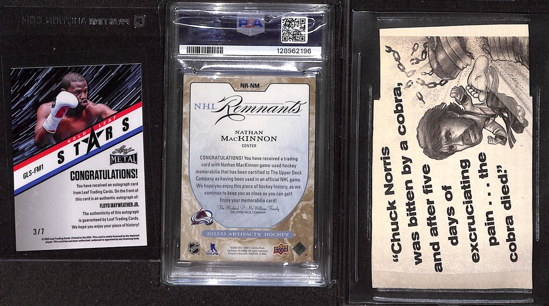 Lot of (3) Superstar Items - Leaf Metal Floyd Mayweather Jr Autograph (#7), Upper Deck Artifacts Nathan MacKinnon Jersey Patch (#/25) (PSA 7), Chuck Norris Cut Autograph (BGS Authentic)