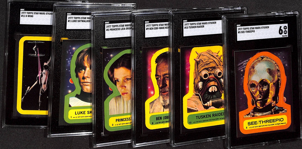 Lot of (6) Graded 1977 Topps Star Wars Stickers w. #5 C-3PO (SGC 6) & #2 Princess Leia Organa (SGC 4)